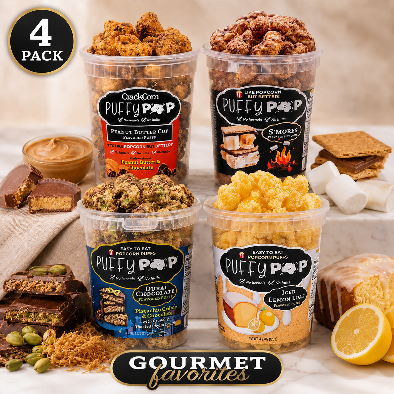 Gourmet Favorites 4-pack bundle of Puffy Pop puff corn