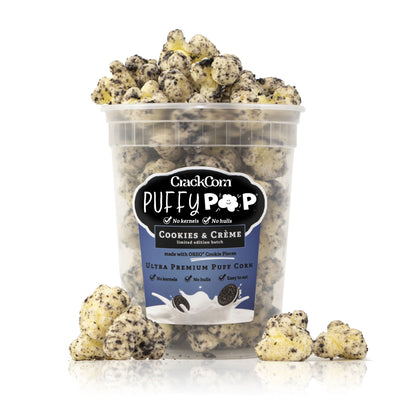 Cookies & Crème Puffy Pop puff corn made with OREO — kernel-free, hull-free snack