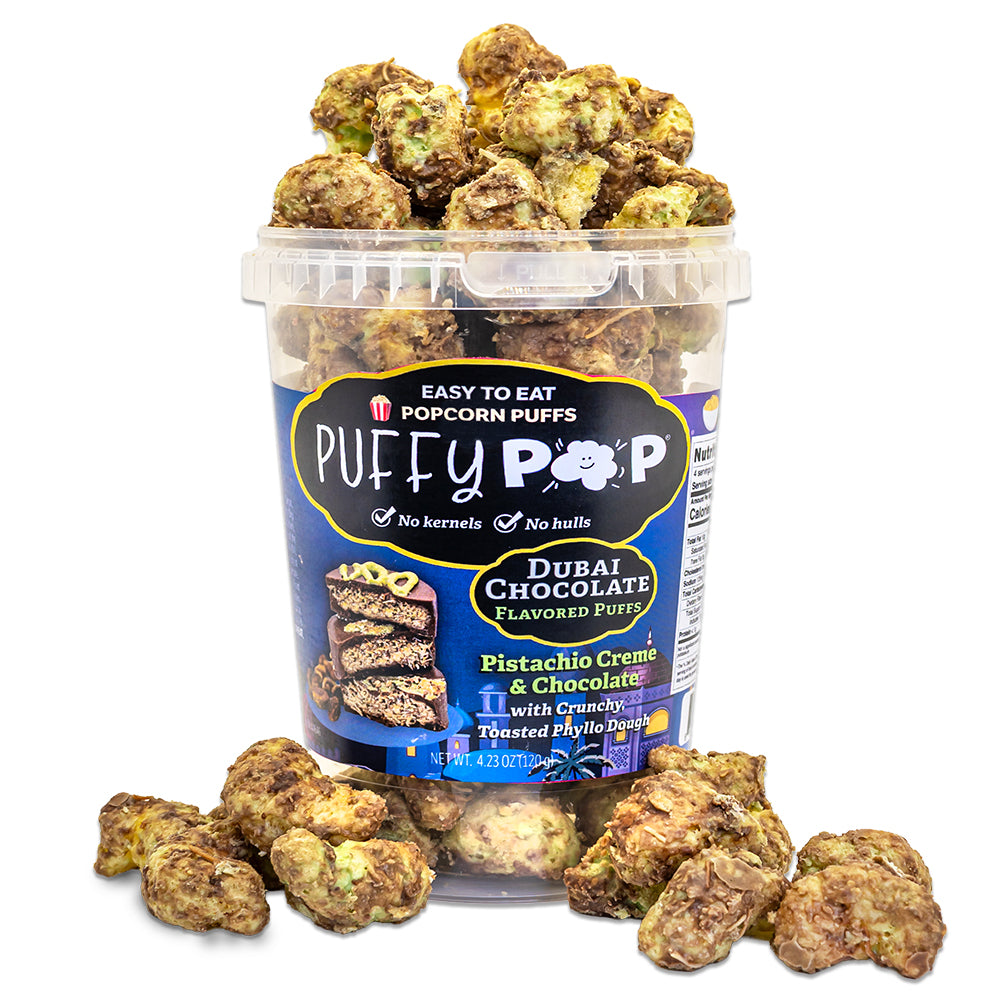 Dubai Chocolate Puffy Pop puff corn — kernel-free, hull-free snack