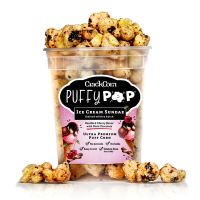 Ice Cream Sundae Puffy Pop puff corn — kernel-free, hull-free snack