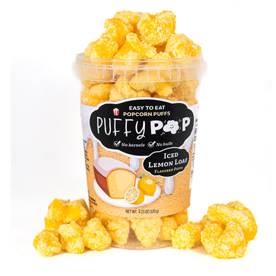 Iced Lemon Loaf Puffy Pop puff corn — kernel-free, hull-free snack