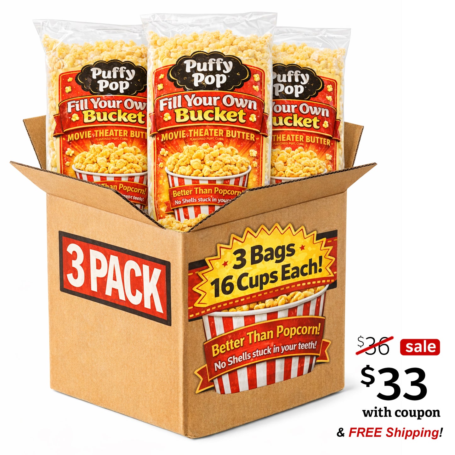 Movie Theater Butter Puffy Pop puff corn 3-pack of bucket bags