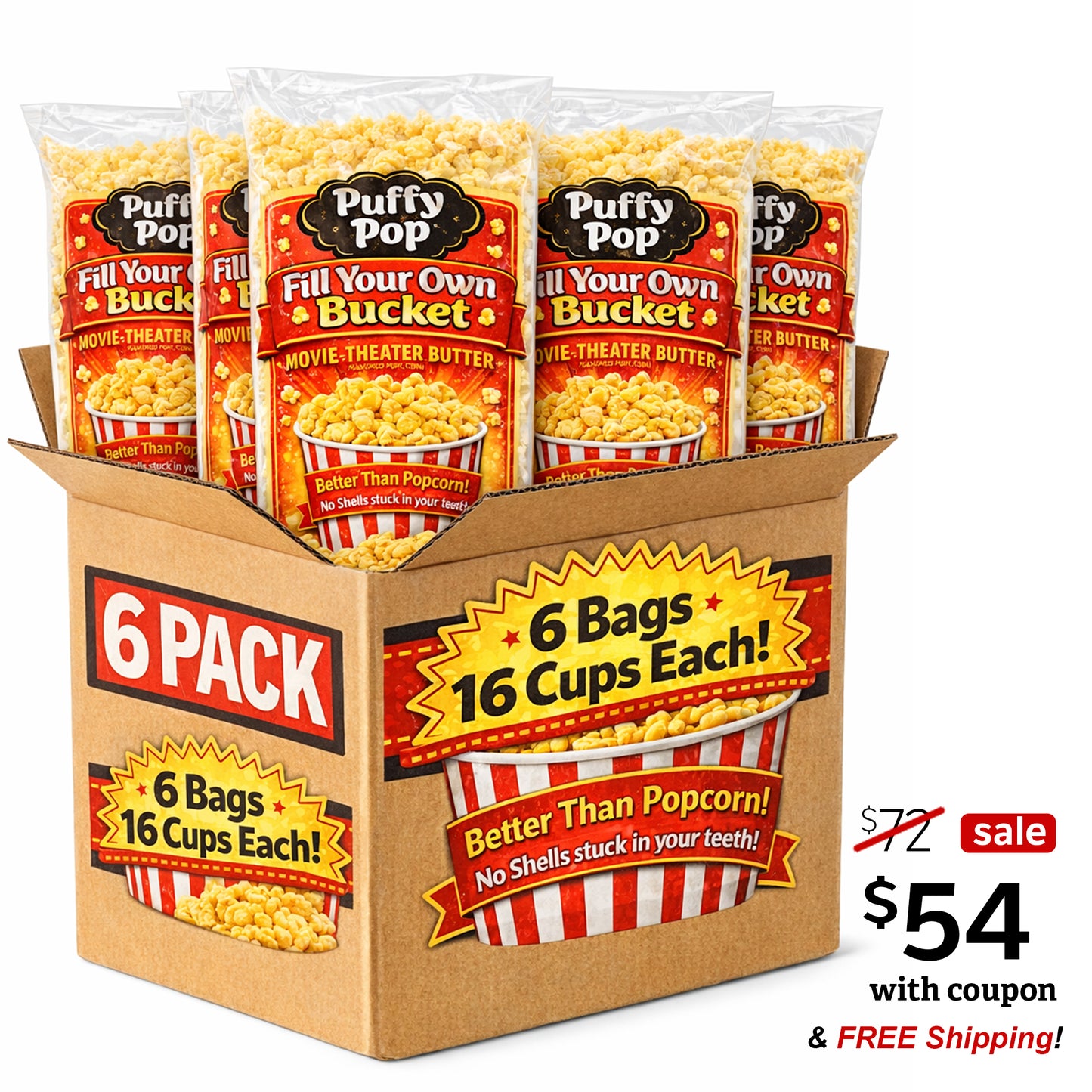 Movie Theater Butter Puffy Pop puff corn 6-pack of bucket bags