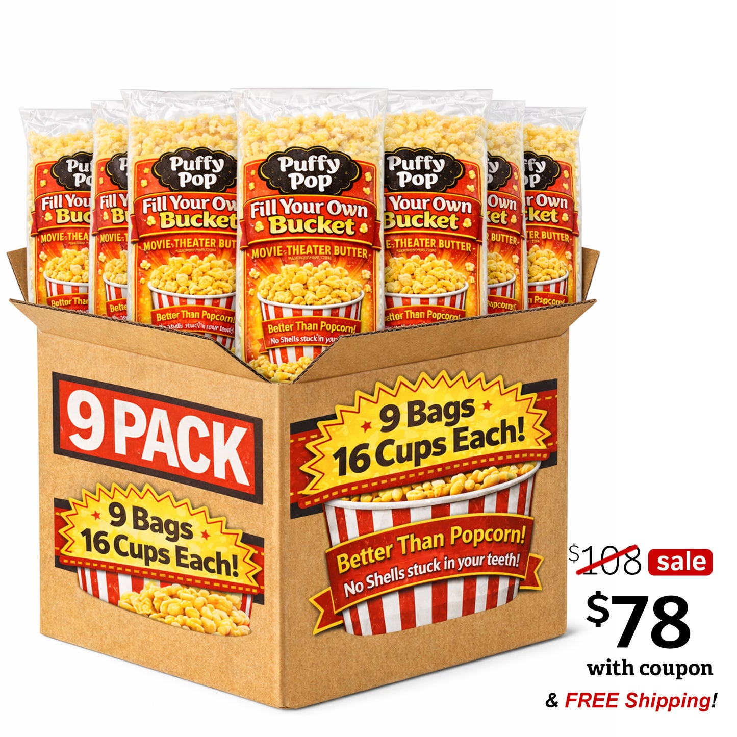Movie Theater Butter Puffy Pop puff corn 9-pack of bucket bags